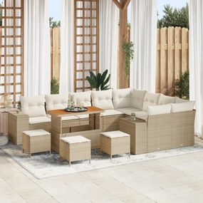 vidaXL Set de canapele de grădină , 13 piese, cu perne bej din rattan poliesteric și lemn de acacia.