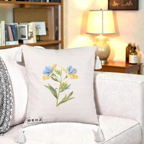 Perna Decorativa Botanica Frezie Galbena si Albastra, 40x40 cm, Bej cu Franjuri, Husa Detasabila, Perna Inclusa, BEKZ®