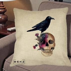 Perna Decorativa Craniu cu Corb si Flori Gothic, 40x40 cm, Crem, Husa Detasabila, Perna Inclusa, BEKZ®