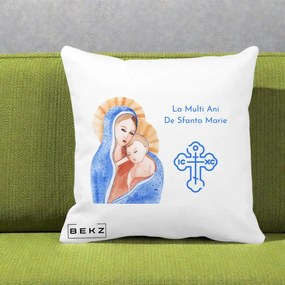 Cadou de Onomastica - Perna Personalizata Sfanta Marie Icoana Acuarela, 40x40 cm, Alba Mata, Husa Detasabila, Perna Inclusa, BEKZ®