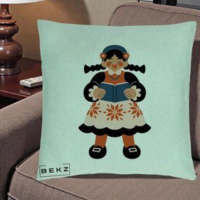 Perna Personalizata Fetita cu Carte Ilustratie Folk, 40x40 cm, Verde Menta, Husa Detasabila, Perna Inclusa, BEKZ®