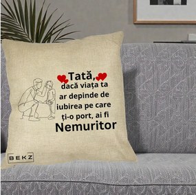 Cadou pentru Tata - Perna Personalizata Tata Nemuritor cu Inimi Rosii, 40x40 cm, Crem, Husa Detasabila, Perna Inclusa, BEKZ®