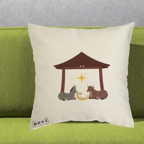 Perna Decorativa Ieslea din Betleem cu Iesle Asin si Bou, 40x40 cm, Ecru, Husa Detasabila, Perna Inclusa, BEKZ®