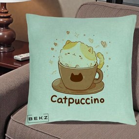 Perna Decorativa Catpuccino Pisica Cappuccino, 40x40 cm, Verde Menta, Husa Detasabila, Perna Inclusa, BEKZ®