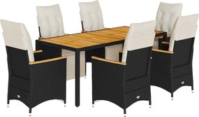 vidaXL Set bistro de grădină, 7 piese, cu perne, negru, poliratan