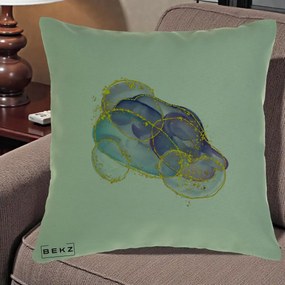 Perna Decorativa Abstract Acuarela Albastru-Mov cu Cercuri Aurii, 40x40 cm, Verde, Husa Detasabila, Perna Inclusa, BEKZ®