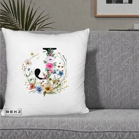 Cadou Personalizat - Perna Personalizata Monogram Litera J cu Flori Acuarela, 40x40 cm, Alb Pufos, Husa Detasabila, Perna Inclusa, BEKZ®