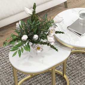 HOMCOM Set 2 Măsuțe de Cafea cu Blat cu Efect de Marmură din MDF și Oțel, Ø50x50.5 cm și 60x36x43.5 cm, Alb și Auriu | Aosom Romania