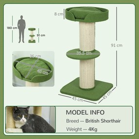 PawHut Copac pentru Pisici 91 cm Copac de Joaca cu Pat pentru Pisici, Platforma acoperita cu lana de oaie Verde | Aosom Romania