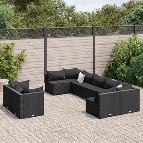 3308299 vidaXL Set mobilier de grădină cu perne, 9 piese, negru, poliratan