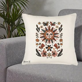 Perna Decorativa Soare Boho Folk Fluturi, 40x40 cm, Crem Reliefat, Husa Detasabila, Perna Inclusa, BEKZ®