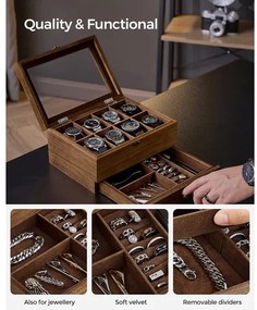 Cutie De Bijuterii Din Lemn Cu 2 Niveluri, Cu Capac De Sticla, Nuc Rustic