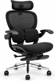 Scaun ergonomic MORATTI D5, Suport lombar dual 360°, Tetieră 4D, Șezut Zero-Pressure Frameless Mesh, Cotiere Flip-Back 4 poziții, Reclinare 135°, Suport picioare, Negru