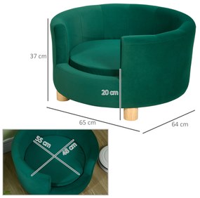 PawHut Canapea Verde Luxoasă pentru Câini, cu Spătar și Pernă Detașabilă, 65x64x37 cm | Aosom Romania