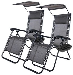 Scaun gravitatie zero cu parasolar si suport pentru pahar, 2 buc-negru