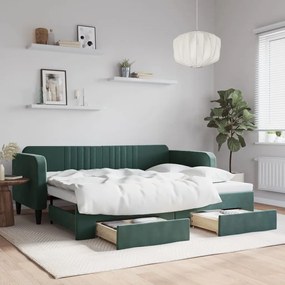 3197113 vidaXL Pat de zi cu extensie și sertare verde închis 90x200 cm catifea