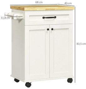 HOMCOM Căruț de bucătărie pe roți cu multiple depozitări 1 sertar 1 dulap 1 suport pentru prosoape alb cu blat din lemn | Aosom Romania