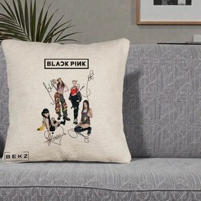 Perna Personalizata K-pop BLACKPINK Fotografie Grup Autografe Toate Membre, 40x40 cm, Bej Canapea, Husa Detasabila, Perna Inclusa, BEKZ®