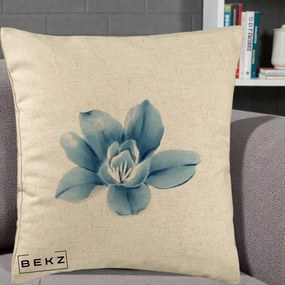 Perna Decorativa Magnolie Albastra Acuarela, 40x40 cm, Bej, Husa Detasabila, Perna Inclusa, BEKZ®