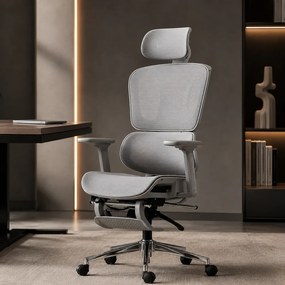AERION – Scaun ergonomic, spătar ergonomic segmentat, suport lombar 3D, tetieră reglabilă, cotiere 3D, suport pentru picioare, înclinare până la 145°, bază metalică, Mesh, Gri