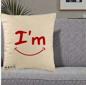 Perna Decorativa I'm Happy Smile, 40x40 cm, Bej, Husa Detasabila, Perna Inclusa, BEKZ®