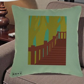 Perna Decorativa Scari Toamna Peisaj Grafic, 40x40 cm, Verde, Husa Detasabila, Perna Inclusa, BEKZ®