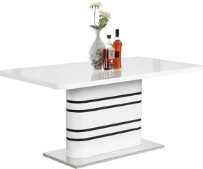 Masă dining extensibilă, alb HG extra lucios/dungi negre, 160-200x90 cm, TUBAL