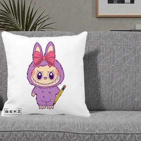 Perna Personalizata Labubu Mov cu Funda Rosie si Creion, 40x40 cm, Alba Mata, Husa Detasabila, Perna Inclusa, BEKZ®