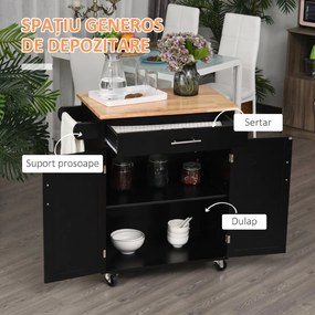 HOMCOM Cărucior de Bucătărie cu Sertar și Dulap cu 2 Uși, Insulă de Bucătărie cu roți și bară laterală, 83x45x91.5 cm, Negru | Aosom Romania