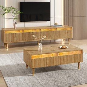 Set mobilier LED modern, comodă TV cu 4 uși &amp; masă de cafea cu 2 sertare, 178x35x45+110x50x40 cm, Culoare naturală