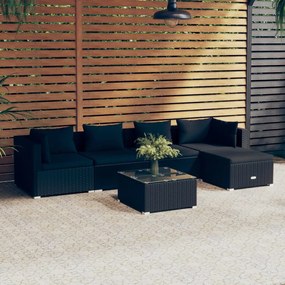 Set mobilier de gradina cu perne, 6 piese, negru, poliratan Negru, 2x colt + 2x mijloc + suport pentru picioare + masa, 1