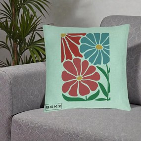 Perna Decorativa Flori Grafice Rosu-Albastru, 40x40 cm, Verde Menta, Husa Detasabila, Perna Inclusa, BEKZ®