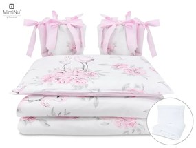 Lenjerie patut cu 6 piese, MimiNu, Pentru patut 120x60 cm, Cu pilota si perna, Cu doua aparatori laterale, Din bumbac certificat Oeko Tex Standard 100, Peonie Pink