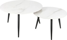 Set 2 masute cafea KORA D, alb cu efect de marmura/negru, ceramica/met