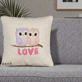 Perna Decorativa Love Bufnite Indragostite pe Crenguta Roz si Mov, 40x40 cm, Bej Canapea, Husa Detasabila, Perna Inclusa, BEKZ®