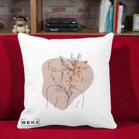 Perna Decorativa Femeie cu Flori Line Art Boho, 40x40 cm, Alba Mata, Husa Detasabila, Perna Inclusa, BEKZ®