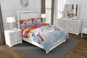 Lenjerie de pat cu husa elastic Happy Snowman din bumbac ranforce, gramaj tesatura 120 g/mp, multicolor, 6 piese