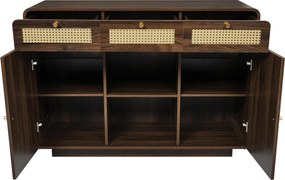 Comodă bufet, 3 sertare + 2 dulapuri cu raft central deschis și fețe din ratan, 120x40x85 cm, Maro