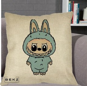 Perna Personalizata Labubu Albastru-Gri Solo, 40x40 cm, Crem, Husa Detasabila, Perna Inclusa, BEKZ®