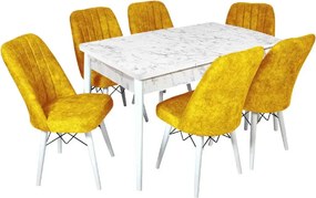 Set masa extensibila cu 6 scaune tapitate Homs cargold 250-30050 bejmarmurat-mustar,170 x 80 cm