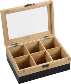 Cutie pentru depozitarea pliculetelor de ceai Kesper 58940, 6 compartimente, 21,6 x 15 x 8,5 cm, Bambus, Maro/Negru