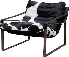 Fotoliu de relaxare industrial, alb și negru, din piele naturală de vacă cu păr, cu șezut suspendat și cadru din metal gri, 78×95×79 cm, „Montaine”