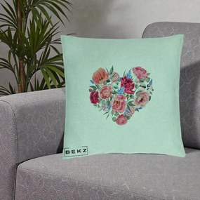 Perna Decorativa Inima din Bujori Acuarela, 40x40 cm, Verde Menta, Husa Detasabila, Perna Inclusa, BEKZ®