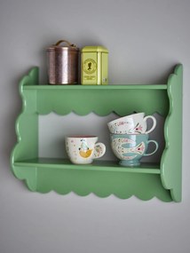 Raft vintage din lemn masiv verde, cu bordură decorativă, „Salla", 49,5 x 15 x 40,5 cm