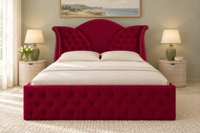 Pat tapițat Chesterfield din catifea Velora 180×200 cm, vișiniu, cu ladă de depozitare