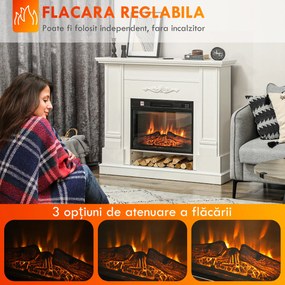 HOMCOM Șemineu Electric cu Flacără 3D, Oprire Automată, Încălzire Reglabilă și Temporizator, 96,5x22x81,7 cm, Alb | Aosom Romania