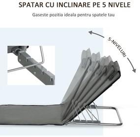 Outsunny Set 2 Saltele de Plaja Pliabile cu Spatar Reglabil pe 5 Niveluri, Saltele de Plaja cu Tetiera si Geanta de Transport, Gri