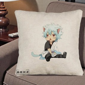 Perna Personalizata Gintama Gintoki Chibi Pisica, 40x40 cm, Bej Canapea, Husa Detasabila, Perna Inclusa, BEKZ®