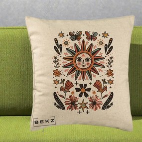 Perna Decorativa Soare Boho Folk Fluturi, 40x40 cm, Bej, Husa Detasabila, Perna Inclusa, BEKZ®