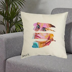 Perna Decorativa Portret Femeie Fragmentat Colorat, 40x40 cm, Ecru, Husa Detasabila, Perna Inclusa, BEKZ®